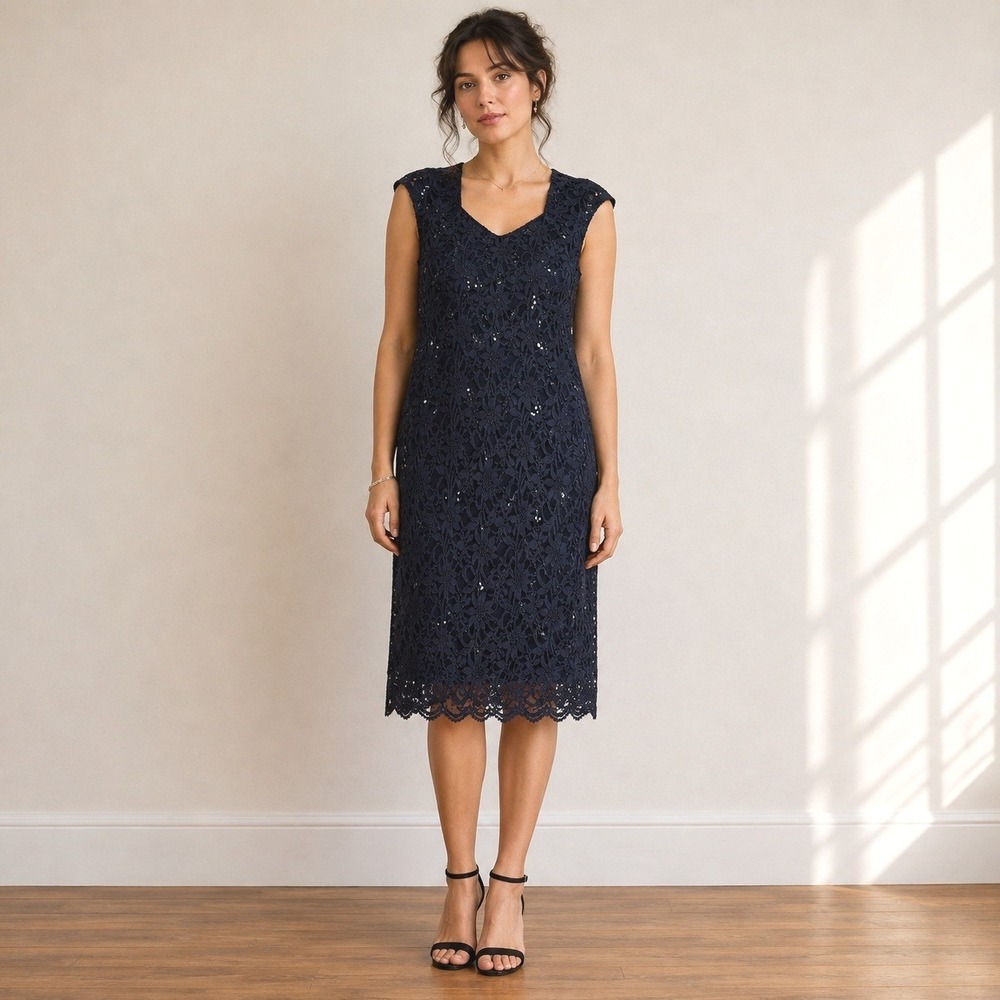 Womens Navy Lace Sequin Sheath Dress Size 12 Cocktail Wedding Guest Stretch